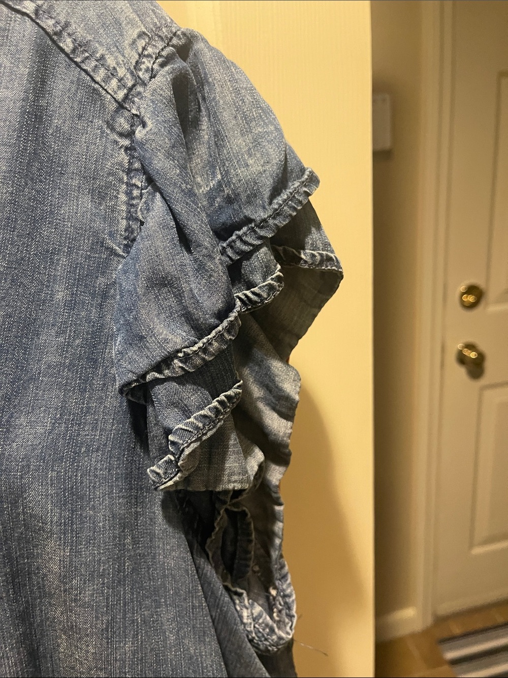 Washed Chambray Ruffle Sleeve Blouse - Blue - Picture 2 of 3